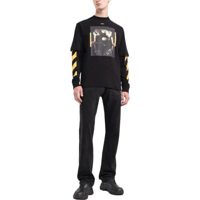 Off-White Herre SS22 Trykt Rundhalset Langermet Versjon Svart T-skjorte