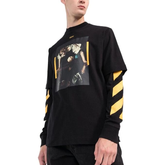 Off-White Herre SS22 Trykt Rundhalset Langermet Versjon Svart T-skjorte
