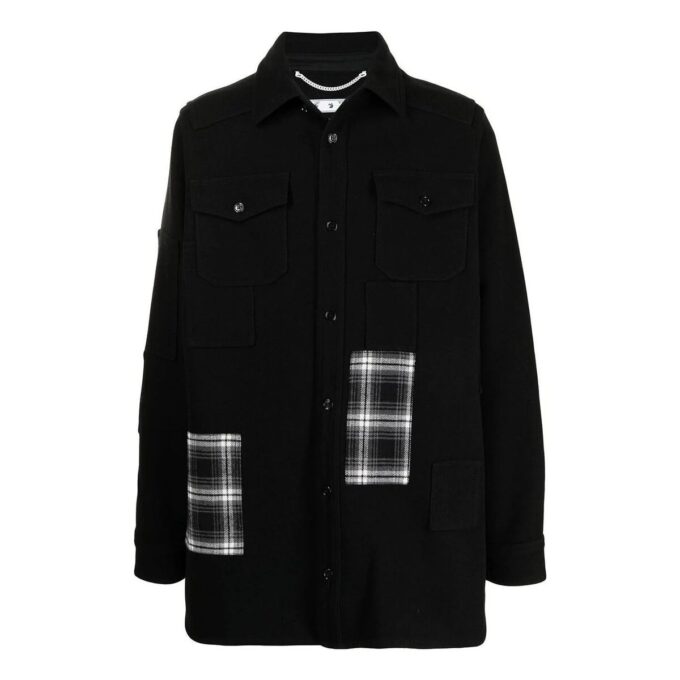 Off-White Herre SS22-versjon med logo-trykk, rutete jakke med lommer og revers, svart