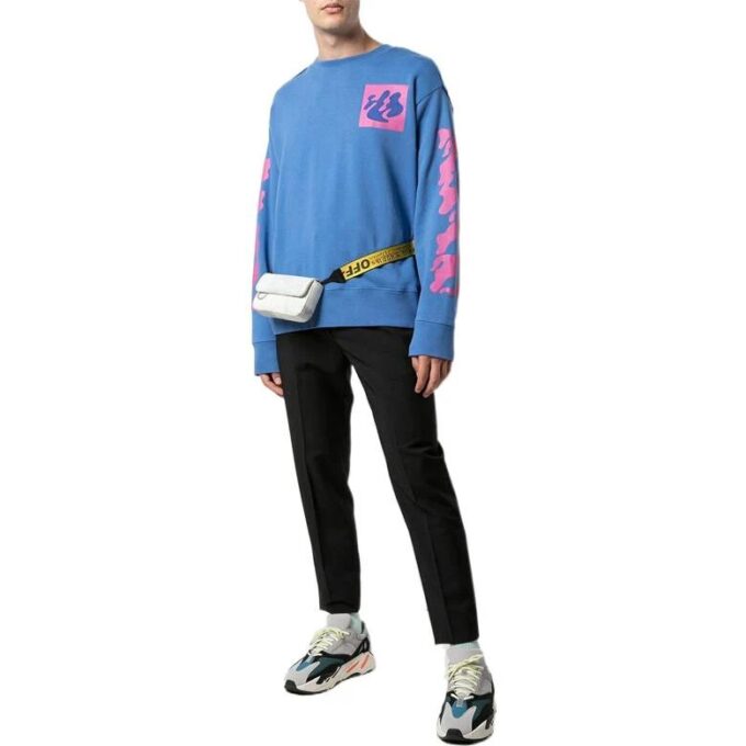 Off-White Herre-strikket genser med abstrakt mønster og rund hals, blå