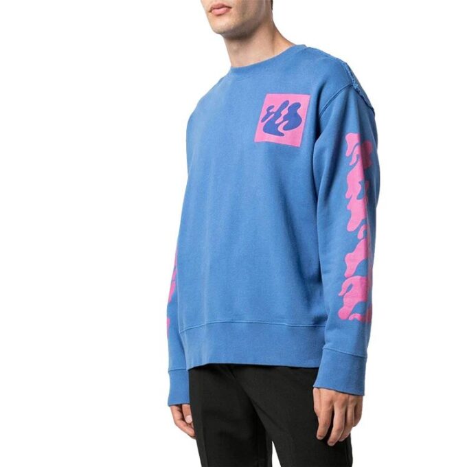 Off-White Herre-strikket genser med abstrakt mønster og rund hals, blå
