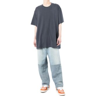 Off-White Herre Stripe Printing Short Sleeve Loose Fit Navy Blue T-Shirt