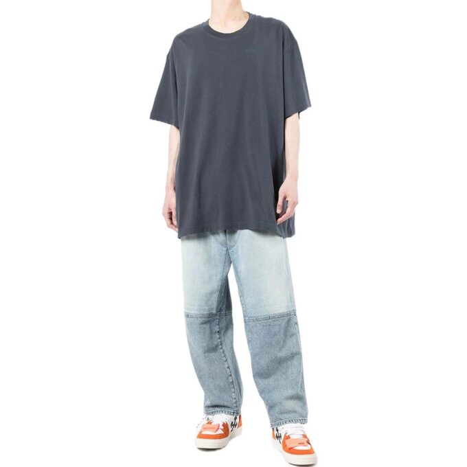 Off-White Herre Stripe Printing Short Sleeve Loose Fit Navy Blue T-Shirt