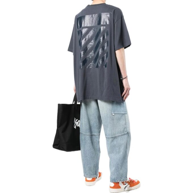 Off-White Herre Stripe Printing Short Sleeve Loose Fit Navy Blue T-Shirt