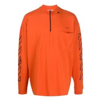 Off-White Herre-T-skjorte med abstrakt logo-trykk, halv glidelås, rund hals og løs passform, oransje