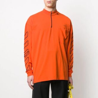 Off-White Herre-T-skjorte med abstrakt logo-trykk, halv glidelås, rund hals og løs passform, oransje