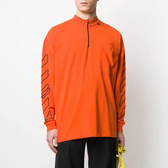 Off-White Herre-T-skjorte med abstrakt logo-trykk, halv glidelås, rund hals og løs passform, oransje
