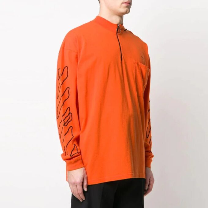 Off-White Herre-T-skjorte med abstrakt logo-trykk, halv glidelås, rund hals og løs passform, oransje