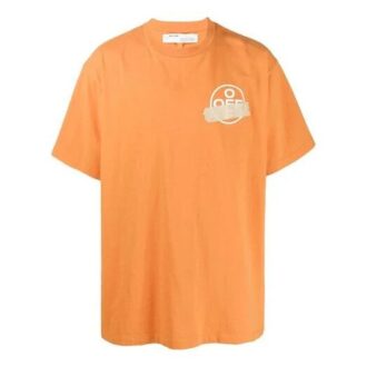 Off-White herre-T-skjorte med bronsefarget pil, gummibånd og lapp, kort erme