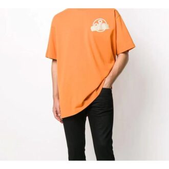 Off-White herre-T-skjorte med bronsefarget pil, gummibånd og lapp, kort erme