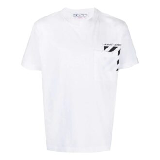 Off-White Herre-T-skjorte med bryststripe, lomme, rund hals og korte shorts