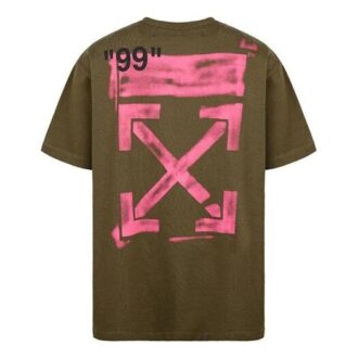 Off-White herre-T-skjorte med graffiti-pilemønster, korte ermer og løs passform i militærgrønn