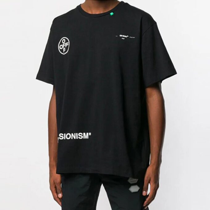 Off-White herre-T-skjorte med graffiti-pilemønster, korte ermer og løs passform, svart