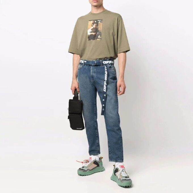 Off-White Herre-T-skjorte med karaktertrykk, rund hals, korte ermer og løs passform, grønn T-skjorte