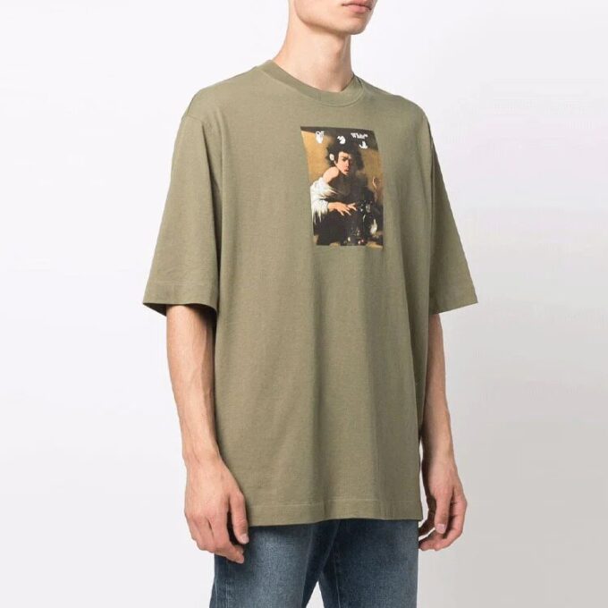 Off-White Herre-T-skjorte med karaktertrykk, rund hals, korte ermer og løs passform, grønn T-skjorte