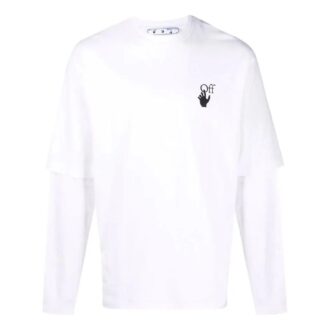 Off-White Herre T-skjorte med logo-mønster, rund hals og lange ermer, hvit