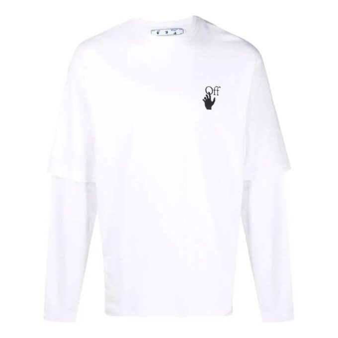 Off-White Herre T-skjorte med logo-mønster, rund hals og lange ermer, hvit