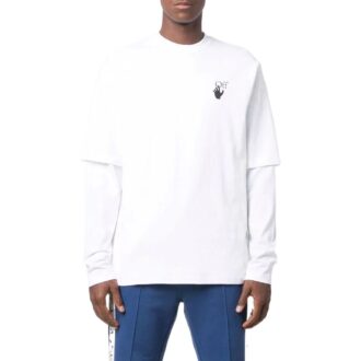 Off-White Herre T-skjorte med logo-mønster, rund hals og lange ermer, hvit