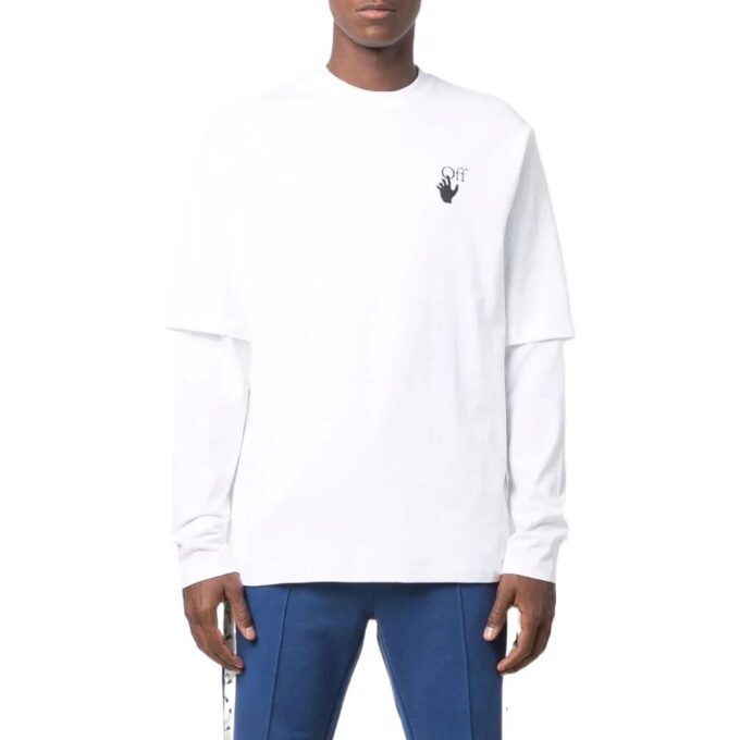 Off-White Herre T-skjorte med logo-mønster, rund hals og lange ermer, hvit