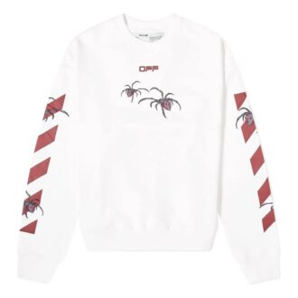 Off-White Herre-T-skjorte med logo og edderkopp-trykk, rund hals og lange ermer, hvit