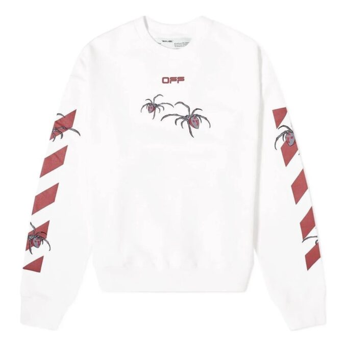 Off-White Herre-T-skjorte med logo og edderkopp-trykk, rund hals og lange ermer, hvit