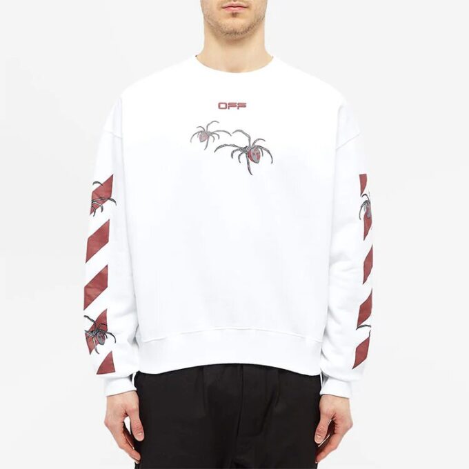 Off-White Herre-T-skjorte med logo og edderkopp-trykk, rund hals og lange ermer, hvit