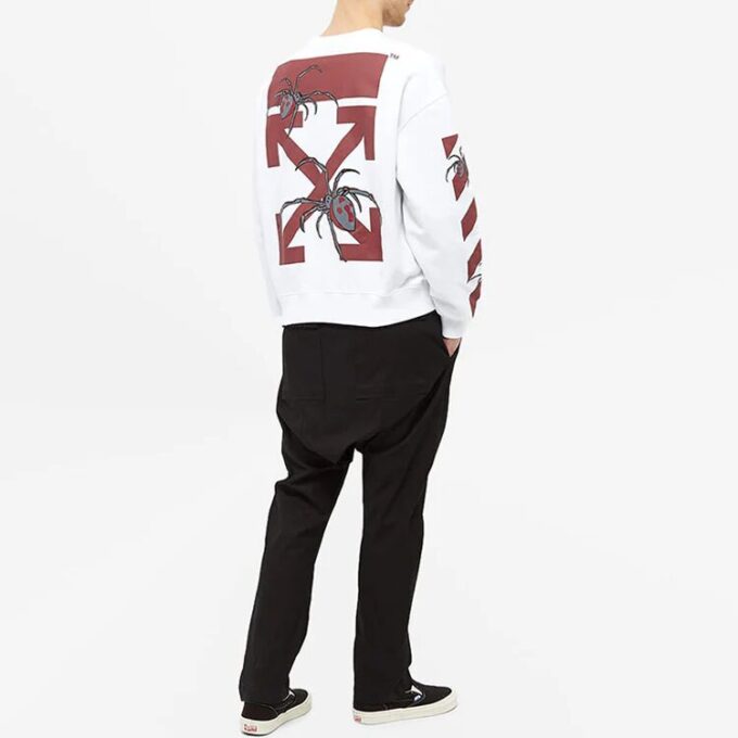 Off-White Herre-T-skjorte med logo og edderkopp-trykk, rund hals og lange ermer, hvit