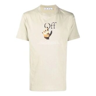 Off-White Herre-T-skjorte med logo-trykk, rund hals og korte Shorts, lysebrun
