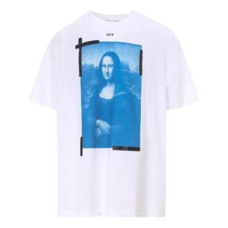 Off-White Herre-T-skjorte med Mona Lisa-pil-trykk, rund hals, kort erme, hvit