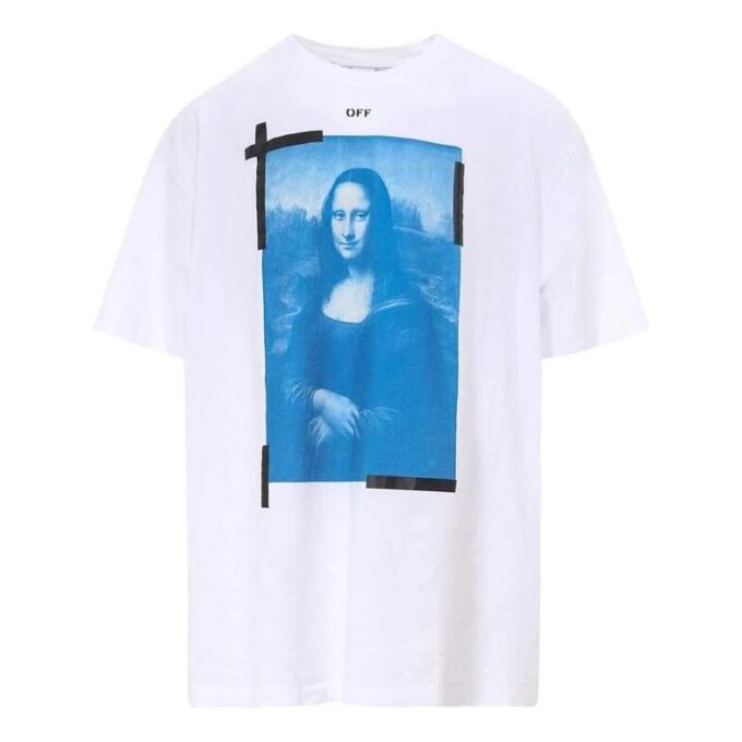 Off-White Herre-T-skjorte med Mona Lisa-pil-trykk, rund hals, kort erme, hvit
