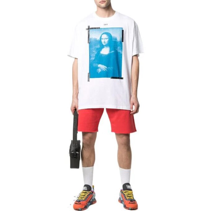 Off-White Herre-T-skjorte med Mona Lisa-pil-trykk, rund hals, kort erme, hvit