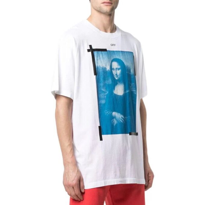 Off-White Herre-T-skjorte med Mona Lisa-pil-trykk, rund hals, kort erme, hvit