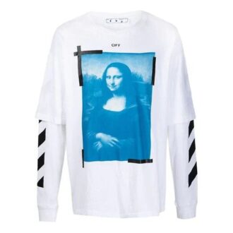 Off-White Herre-T-skjorte med Mona Lisa-trykk, rund hals, lange ermer og løs passform, hvit