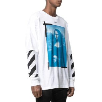 Off-White Herre-T-skjorte med Mona Lisa-trykk, rund hals, lange ermer og løs passform, hvit