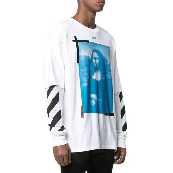 Off-White Herre-T-skjorte med Mona Lisa-trykk, rund hals, lange ermer og løs passform, hvit
