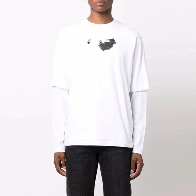 Off-White Herre T-skjorte med pilmønster, dobbeltlags ermer, lange ermer og løs passform, hvit