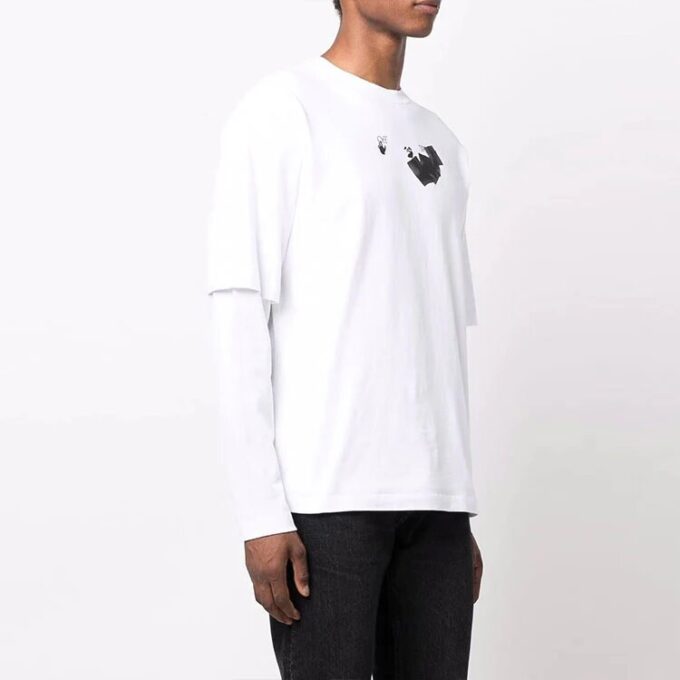 Off-White Herre T-skjorte med pilmønster, dobbeltlags ermer, lange ermer og løs passform, hvit
