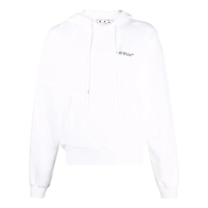 Off-White Herre-T-skjorte med trykk, hette og lange ermer, hvit