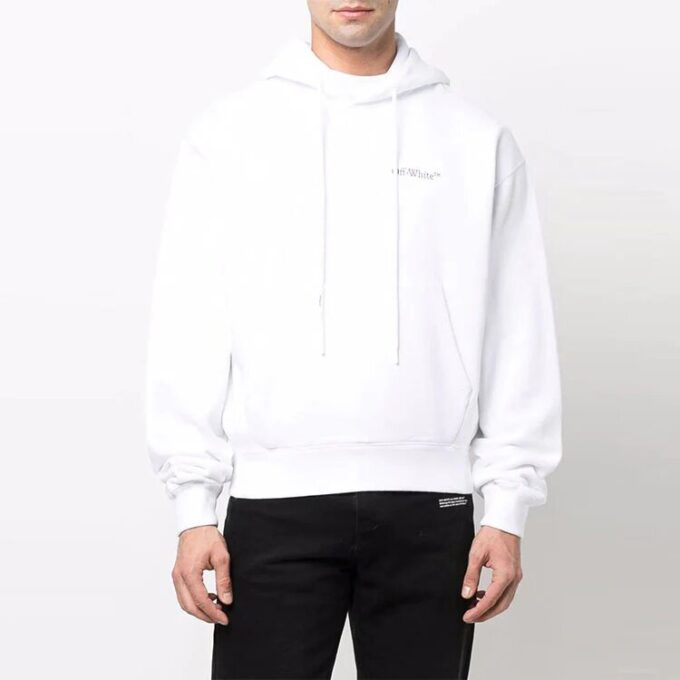 Off-White Herre-T-skjorte med trykk, hette og lange ermer, hvit