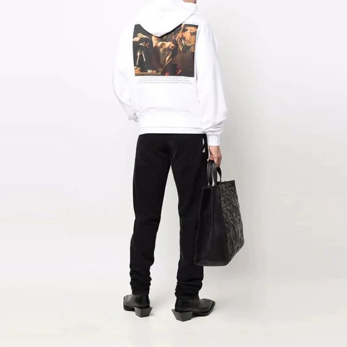 Off-White Herre-T-skjorte med trykk, hette og lange ermer, hvit