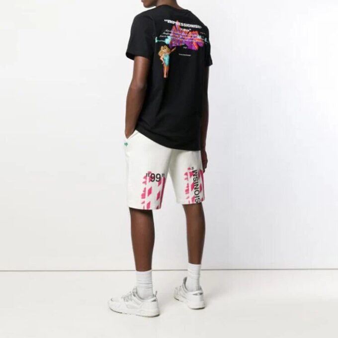 Off-White Herre-T-skjorte med trykk på ryggen og korte ermer i shorts-stil