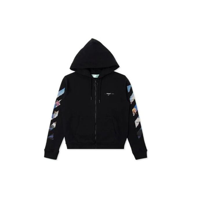 Off-White Herre-T-skjorte med trykk, pilemønster og glidelås, klassisk svart