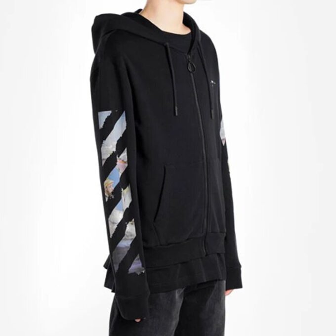 Off-White Herre-T-skjorte med trykk, pilemønster og glidelås, klassisk svart
