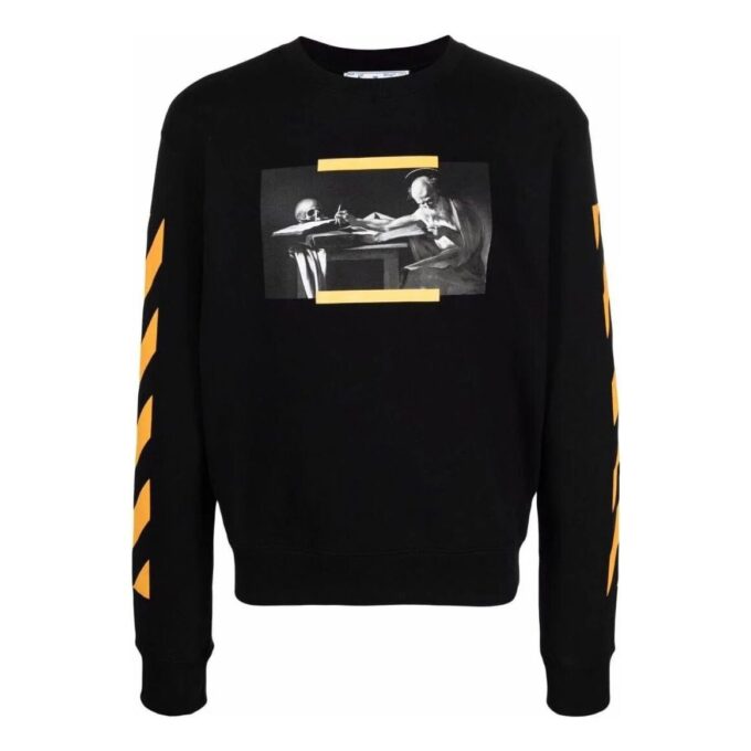 Off-White Herre T-skjorte med trykk, rund hals og lange ermer, svart