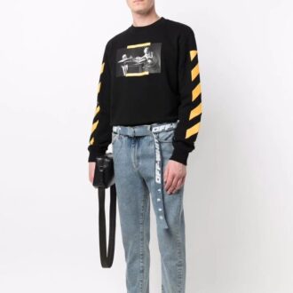 Off-White Herre T-skjorte med trykk, rund hals og lange ermer, svart