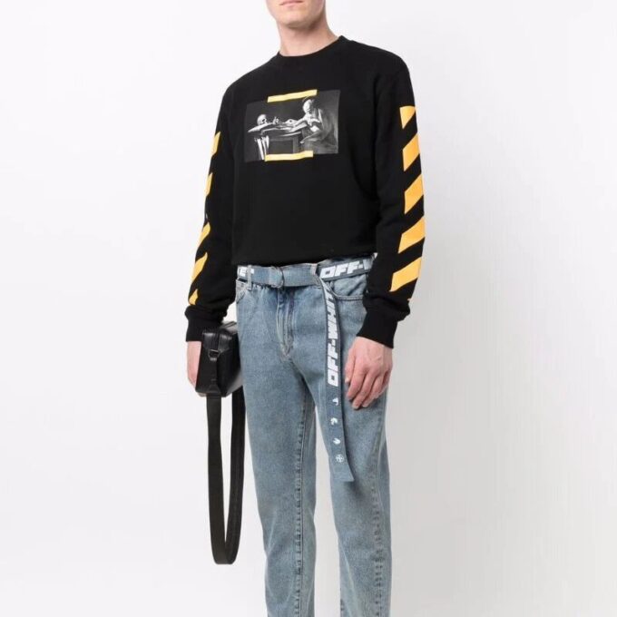 Off-White Herre T-skjorte med trykk, rund hals og lange ermer, svart