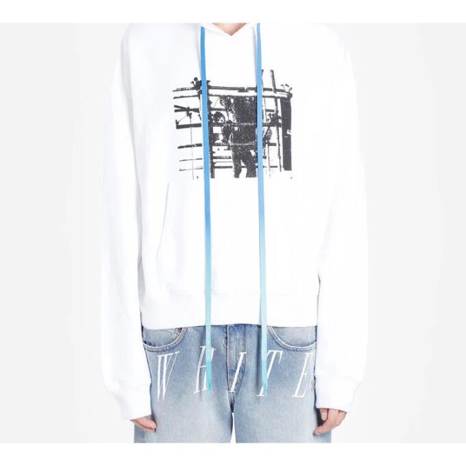 Off-White Herre-T-skjorte med trykt logo og hette, langermet, hvit