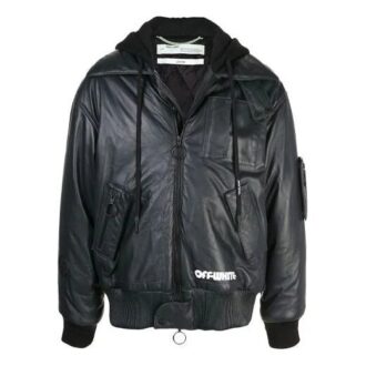 Off-White herrejakke i skinn med logo-trykk, svart