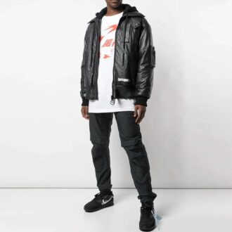 Off-White herrejakke i skinn med logo-trykk, svart