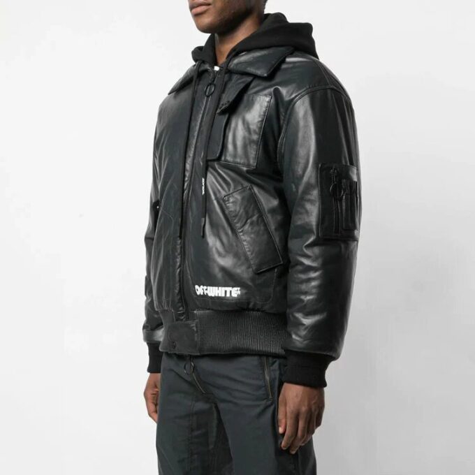 Off-White herrejakke i skinn med logo-trykk, svart